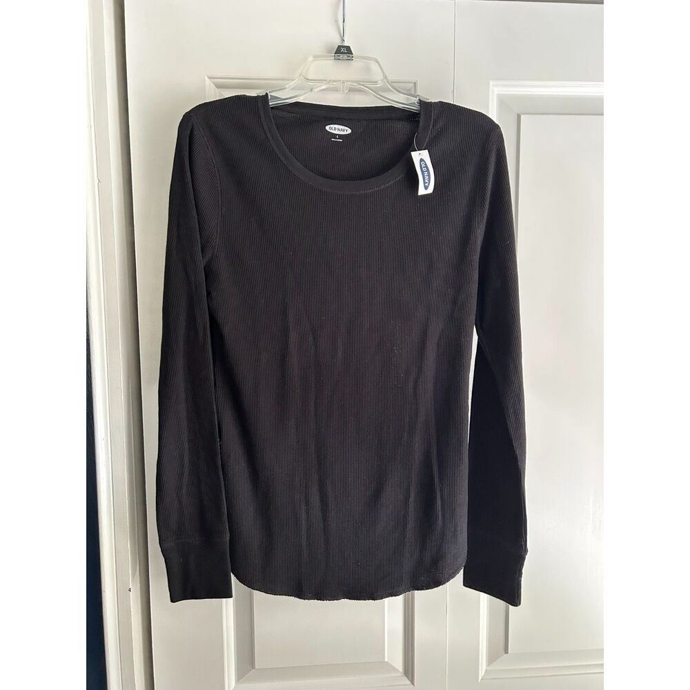 Old Navy Women's Black Ribbed Knit Long Sleeve Thermal Shirt Size L NWT